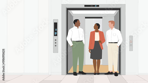 Diverse group of professionals conversing while waiting inside a modern elevator