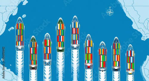 Rockets with flags launching against a blue background.