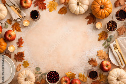 Thanksgiving, fall table setting with pumpkins and leaves