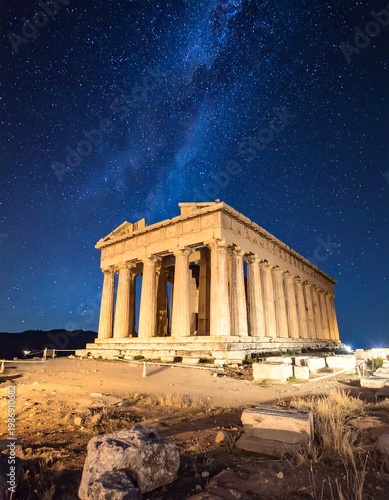 Ancient Greek temple under a starry night sky