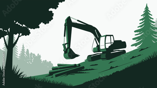 Heavy Duty Excavator Moving Cut Logs in a Coniferous Forest Landscape Flat Vector Illustration