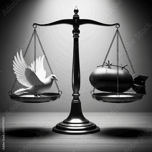 Balance scale with dove and bomb on each side, symbolizing peace vs war