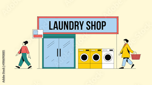 Modern laundry shop building exterior illustration with washing machines and pedestrian people