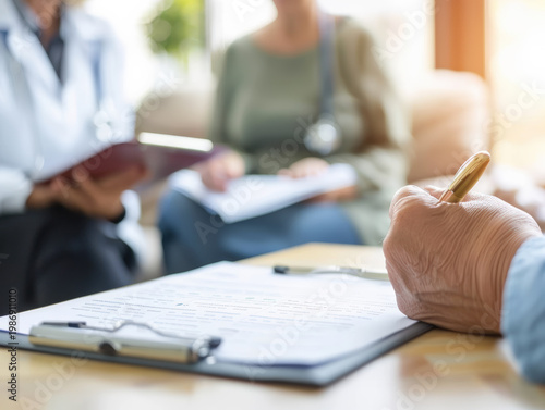 Medical Consultation and Note Taking. A close-up of a hand taking notes on a clipboard during a medical consultation with healthcare professionals in the background.