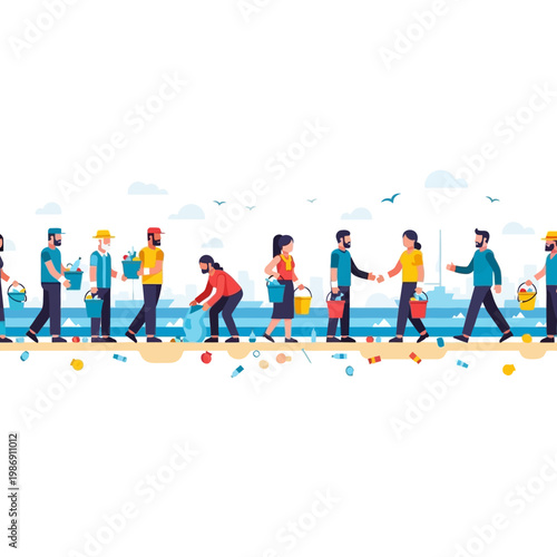 Community beach cleanup, people collecting trash, environmental conservation