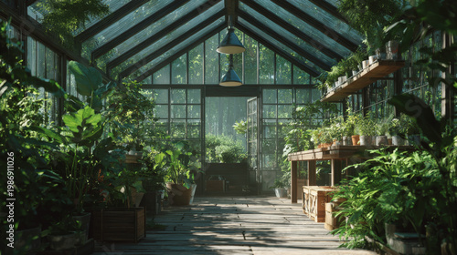 Organic simple garden greenhouse filled with plants idyllic sunny summer day, family farm style cheerfulness happy tones, backyard garden nature background