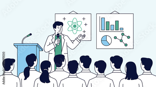 Scientist Giving a Professional Presentation About Scientific Research to an Audience in Hall