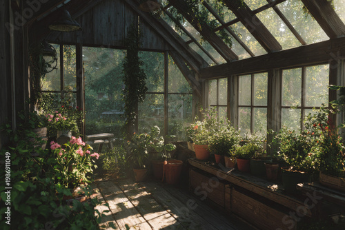 Organic simple garden greenhouse filled with plants idyllic sunny summer day, family farm style cheerfulness happy tones, backyard garden nature background