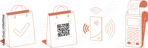 Shopping bags with a checkmark and contactless payment icons with cell phone