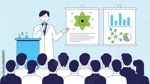 Scientist presenter in lab coat giving a scientific presentation with atom and data charts vect