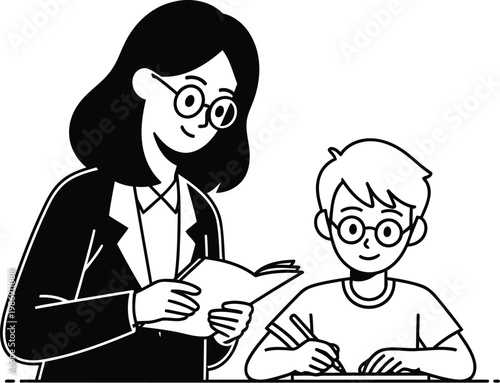 Teacher assisting young student with reading