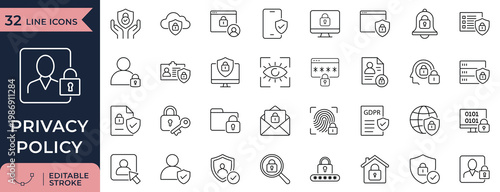 Privacy Policy, Data Protection and GDPR Cyber Security Line Icons
