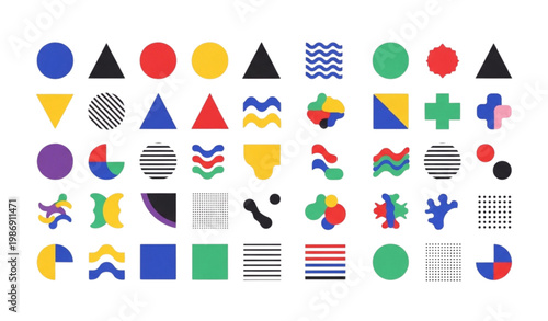 Colorful geometric abstract shapes vector set in modern grid layout with bold flat design isolated on white