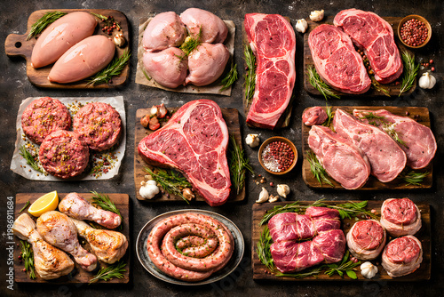 Meat assortment on cutting boards and plates