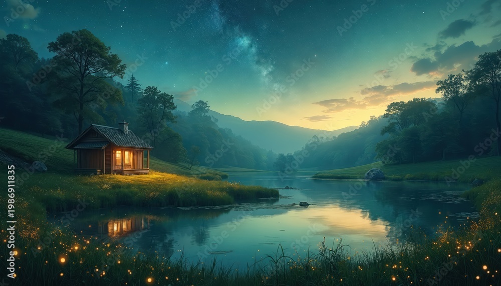 Fototapeta premium Small cabin sits by calm lake under starry sky with glowing lights in grass. Misty mountains and trees surround serene landscape. Warm light spills from window.