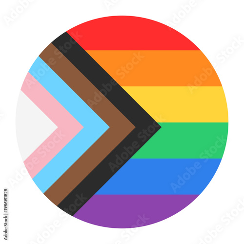 Progress Pride Flag Circle Icon – LGBTQ Inclusive Rainbow Round Symbol with Transgender and Diversity Stripes