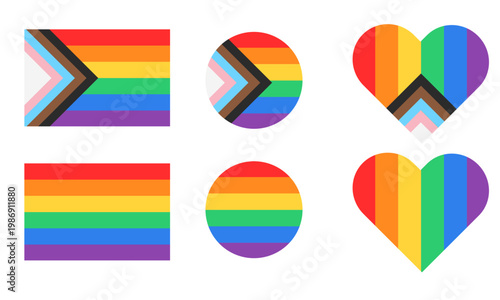 Progress Pride Flag Circle and Heart Icons – LGBTQ Inclusive Rainbow Symbol with Transgender, Black and Brown Stripes Vector Set