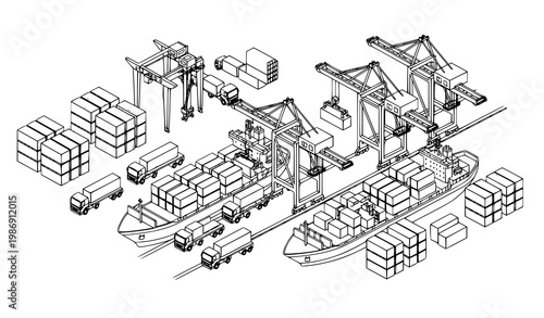 Isometric container port outline vector cargo ships cranes and shipping logistics map