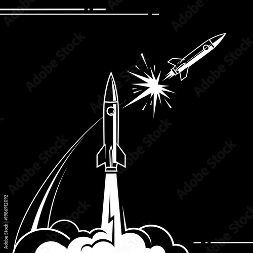 3d missile launch intercept explosion in night sky with blue light trails