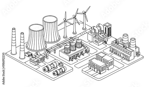 Isometric power plant outline vector energy facility turbines and industrial system