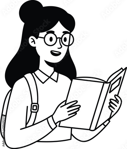 Young woman reading a book with backpack