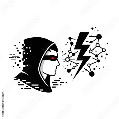 cyber attack hacker silhouette with digital data breach explosion isolated on white