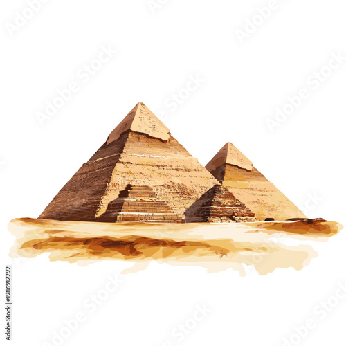 Pyramids of Giza. Pyramids of Giza hand drawn watercolor illustration on white background
