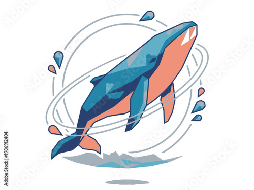 Geometric Whale Illustration, Polygonal Humpback Whale Jumping with Water Splashes
