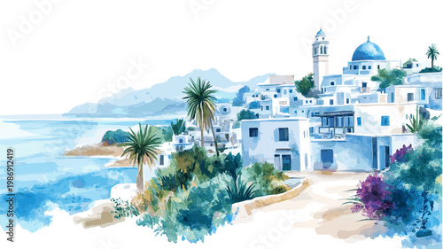 Sidi Bou Said. Sidi Bou Said hand drawn watercolor illustration on white background