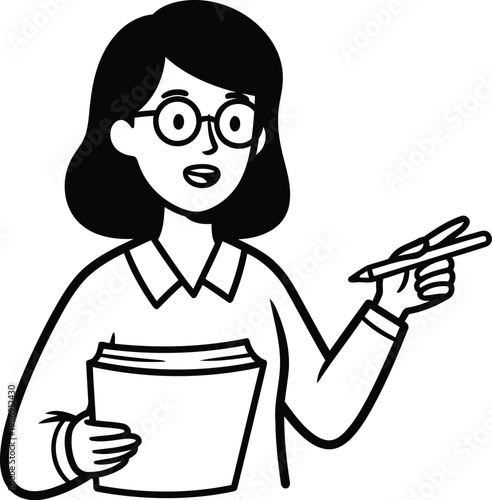 Woman holding paper and pen, looking surprised