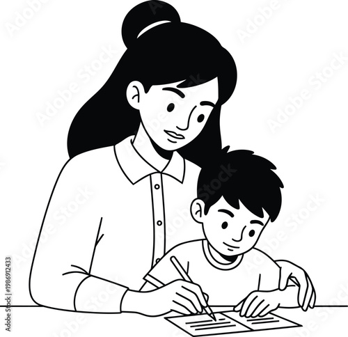 Mother assisting child with homework and learning
