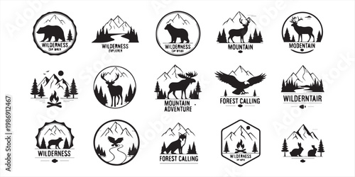 Collection of hunting logo, vector set of hunt label, badge or emblem, duck and deer hunt logo