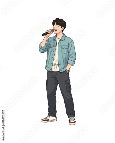 Flat style illustration, man with casual outfit holding microphone