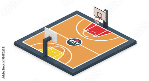 Isometric illustration of basketball court with hoop and backboard.