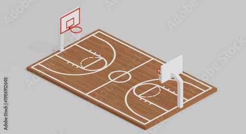 a brown basketball court with white lines and two basketball hoops.