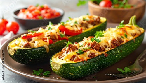 A plate of stuffed zucchinis with cheese and herbs