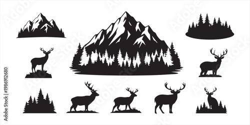 Collection of modern outdoor adventure silhouette labels highlighting mountain and forest animal wildlife
