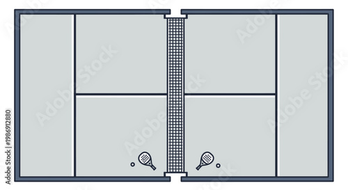 Tennis court with rackets and net.