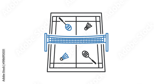 Illustration of badminton court with rackets and shuttlecocks.