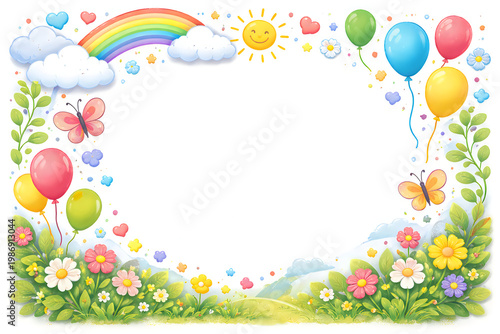 spring floral frame with rainbow and balloons illustration