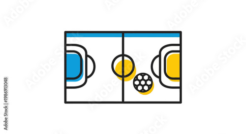 Soccer field with ball and goals.