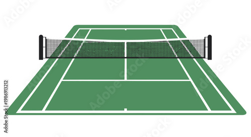 A green tennis court with a net.