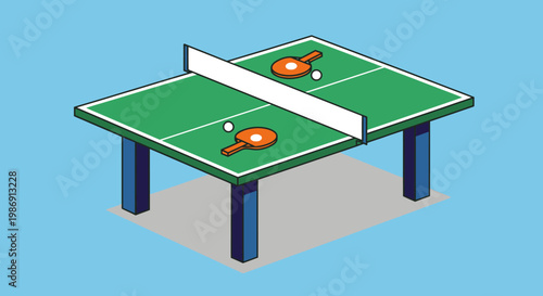 Ping pong table with rackets and ball.
