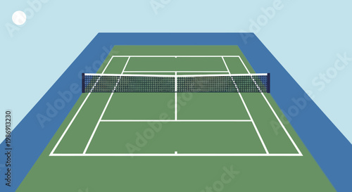 Tennis court with green surface and net.