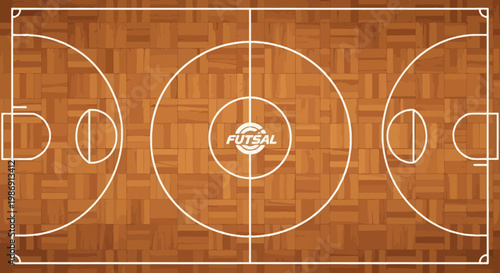 Futsal court with white lines on wood floor.