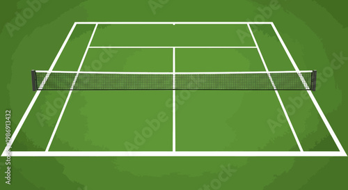 Tennis court with white lines and net.
