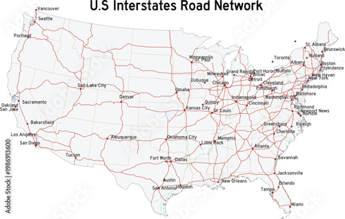 Foto Map of United States with Interstate Road Network and Cities Editable Vector Ill