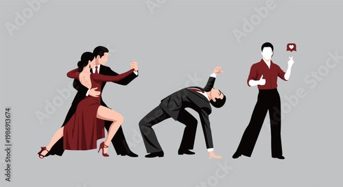 Elegant Ballroom Dance and Mime Performance Icons Featuring Tango Couple and Creative Stage Actors for Arts and Entertainment Culture Theme