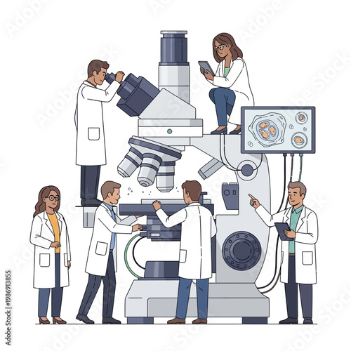 Diverse scientists collaborating around a large microscope, conducting research and analysis.
