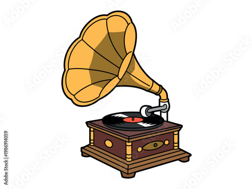 A vintage gramophone playing a vinyl record on a wooden console with a golden horn